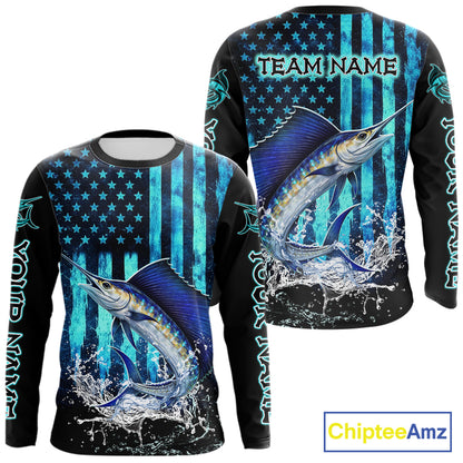 Custom Patriotic Sailfish Fishing Shirts Long Sleeve, Blue American Flag Sailfish Saltwater Fishing Shirt NHT616
