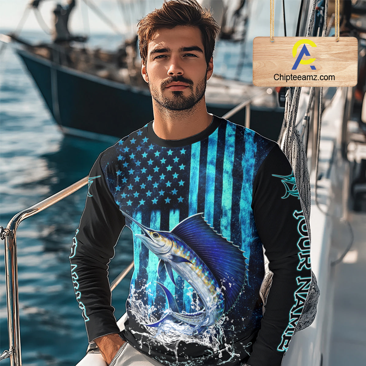 Custom Patriotic Sailfish Fishing Shirts Long Sleeve, Blue American Flag Sailfish Saltwater Fishing Shirt NHT616