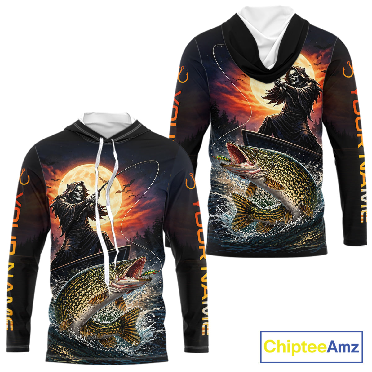 Personalized Fish Reaper Fishing Shirts Jerseys, Fish Reaper Sunset Pike Fishing Shirts Long Sleeve Hooded NHT830