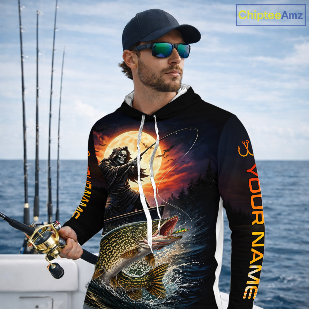 Personalized Fish Reaper Fishing Shirts Jerseys, Fish Reaper Sunset Pike Fishing Shirts Long Sleeve Hooded NHT830
