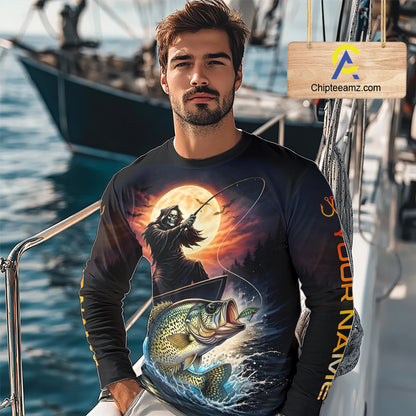 Personalized Fish Reaper Fishing Shirts Jerseys, Fish Reaper Sunset Crappie Fishing Shirts Long Sleeve NHT831