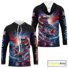 Load image into Gallery viewer, Patriotic Bass Fishing Long Sleeve Hooded Shirt – American Flag Design For Men