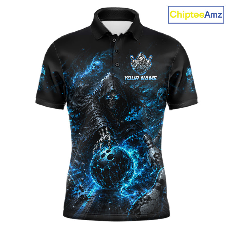 Custom Blue Fire Grim Reaper Bowling Jersey for Men | Team Polo & 1/4 Zip