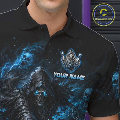 Black polo shirt with grim reaper design and 'Your Name' text, brand logo visible.