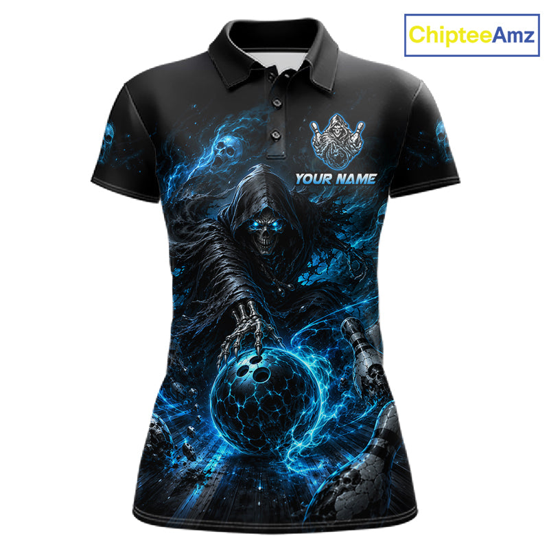 Custom Blue Fire Grim Reaper Bowling Jersey for Women | Team Polo & 1/4 Zip
