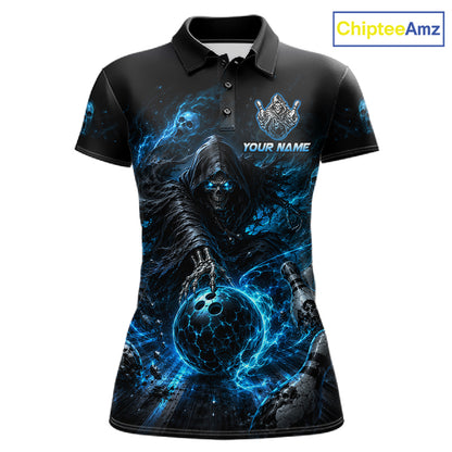 Custom Blue Fire Grim Reaper Bowling Jersey for Women | Team Polo & 1/4 Zip