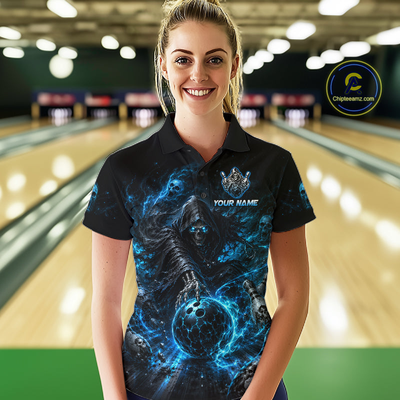 Person wearing a custom bowling shirt with a blue and black design in a bowling alley.