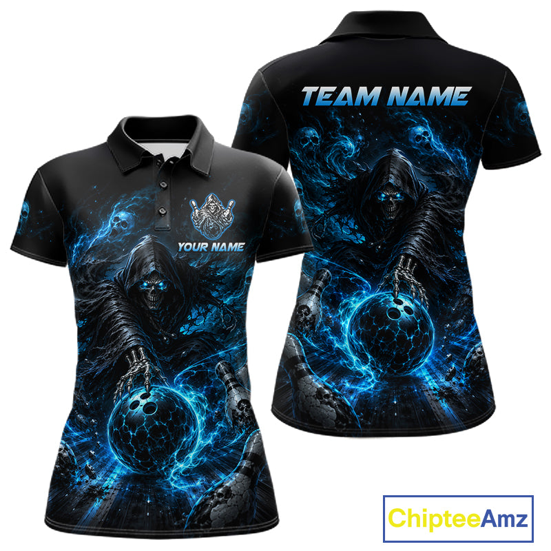 Custom Blue Fire Grim Reaper Bowling Jersey for Women | Team Polo & 1/4 Zip
