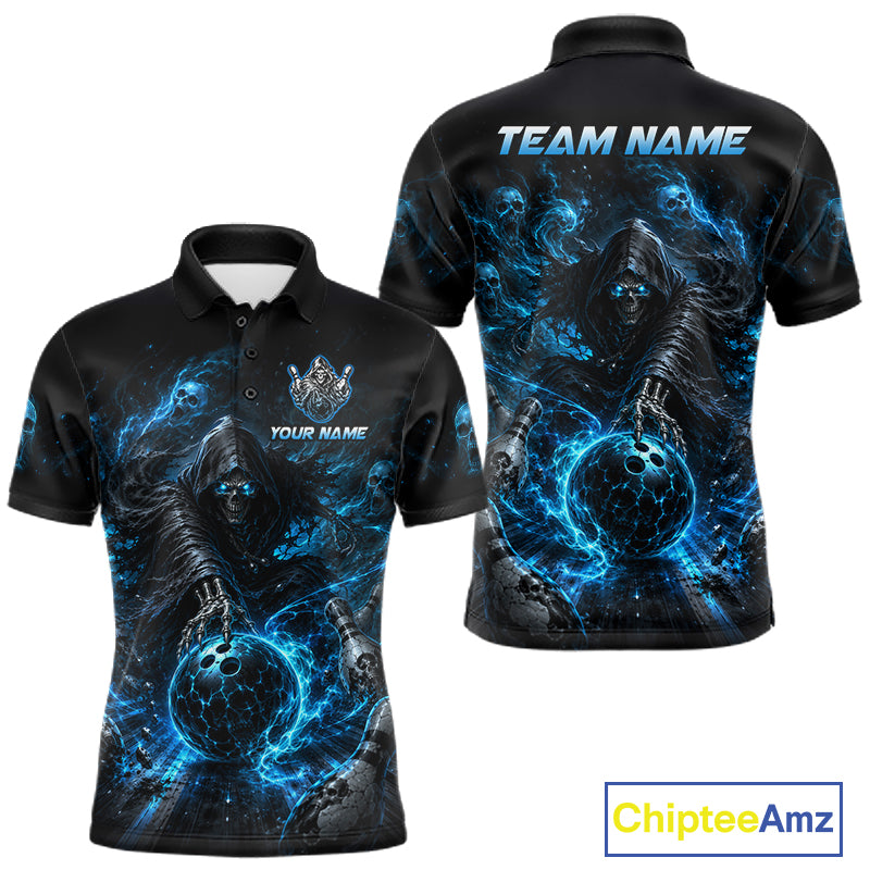 Custom Blue Fire Grim Reaper Bowling Jersey for Men | Team Polo & 1/4 Zip