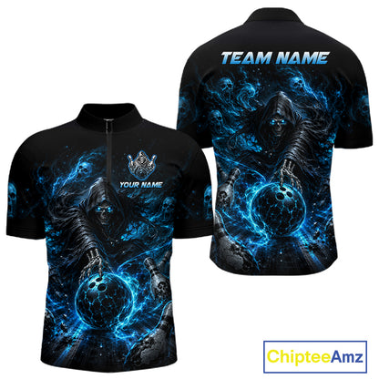 Custom Blue Fire Grim Reaper Bowling Jersey for Men | Team Polo & 1/4 Zip