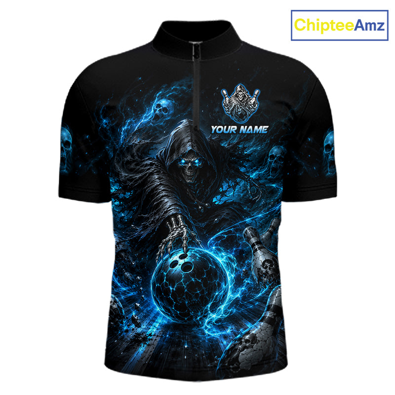 Custom Blue Fire Grim Reaper Bowling Jersey for Men | Team Polo & 1/4 Zip