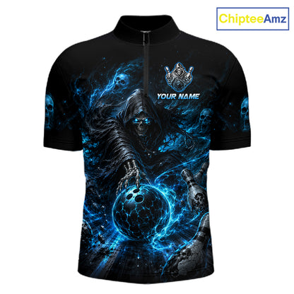 Custom Blue Fire Grim Reaper Bowling Jersey for Men | Team Polo & 1/4 Zip