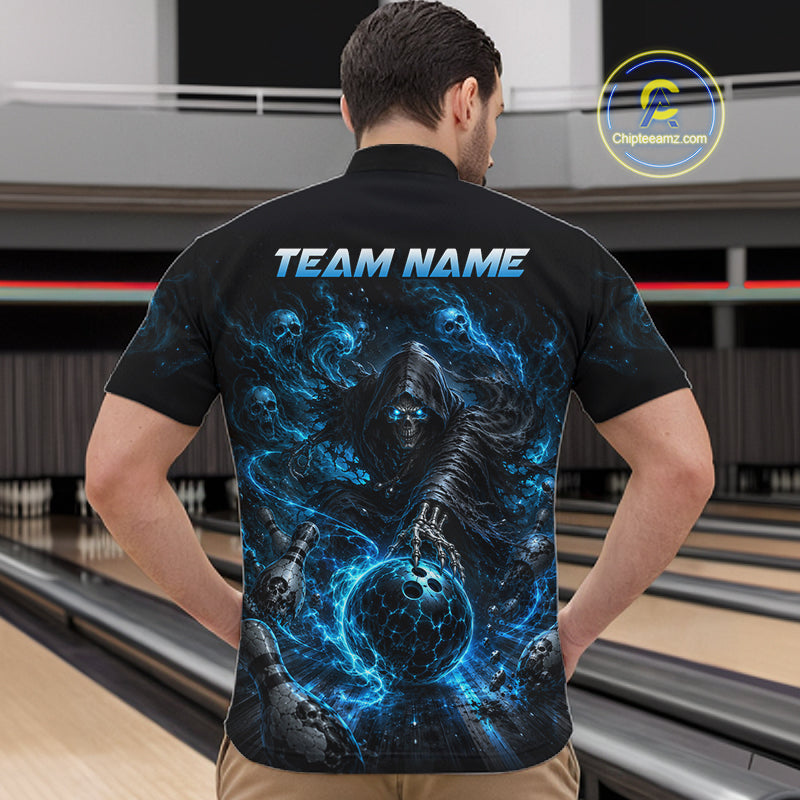 Person wearing a black bowling shirt with blue graphic design and 'TEAM NAME' text in a bowling alley.