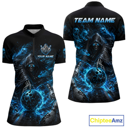 Black polo shirt reaper with blue graphic design and 'Chiptee Amz' 
