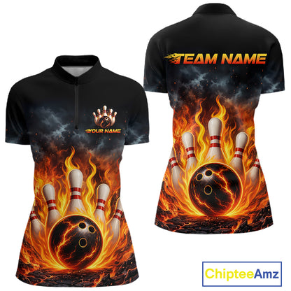 Custom short-sleeve black polo-style bowling shirt shown from the front and back, featuring a fiery flame graphic with bowling pins and balls, plus customizable text areas on the chest and back.