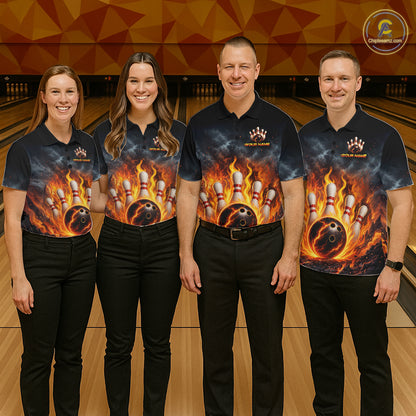 Fire Bowling Polo Shirt 1/4 Zip Personalized Custom Name Flaming Bowling Ball Team Jersey For Men NHT1284