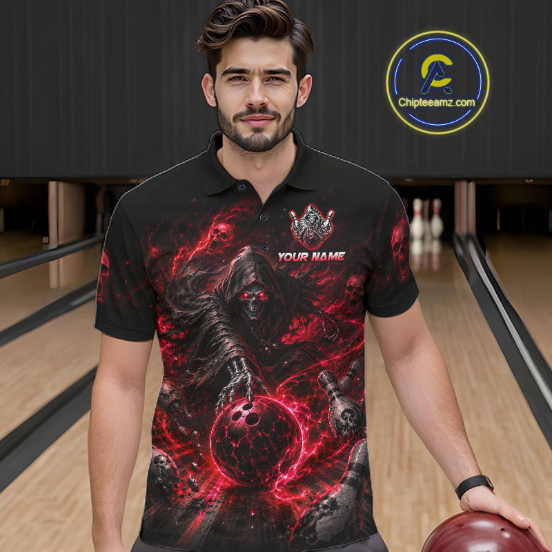 Man wearing a black polo shirt with a red and black design in a bowling alley.