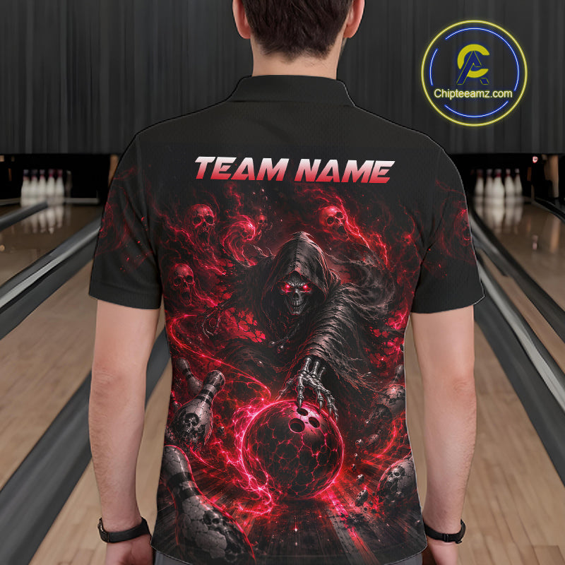 Person wearing a black t-shirt with a red and black design and 'TEAM NAME' text at a bowling alley.