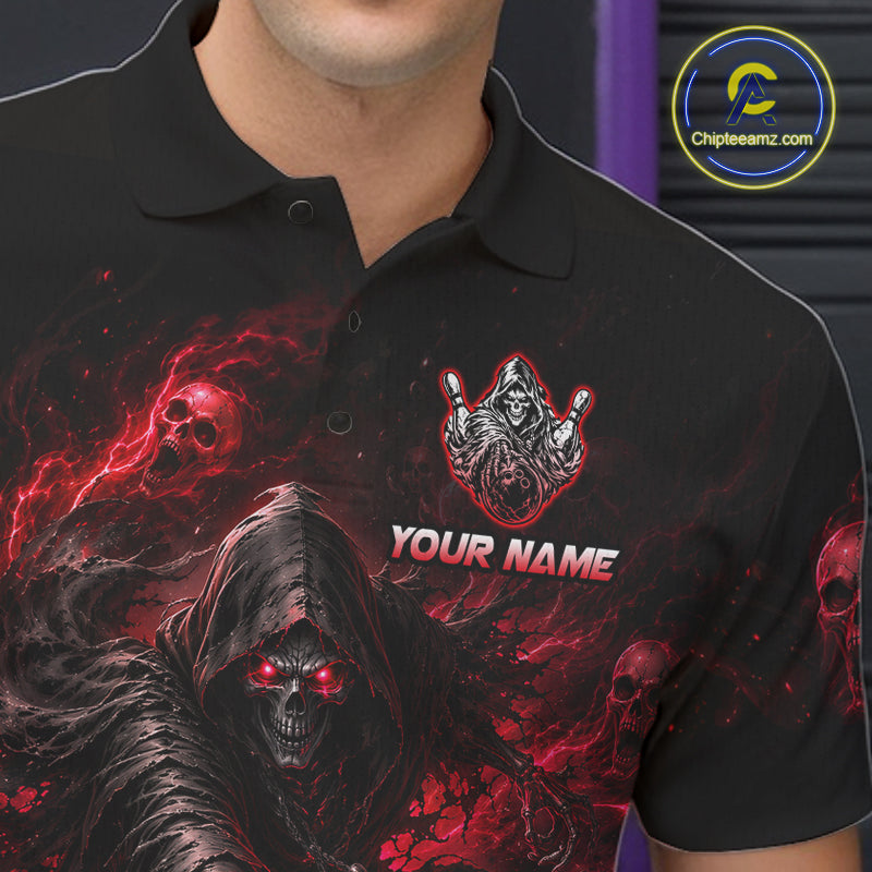Black polo shirt with grim reaper design and 'Your Name' text on a dark background
