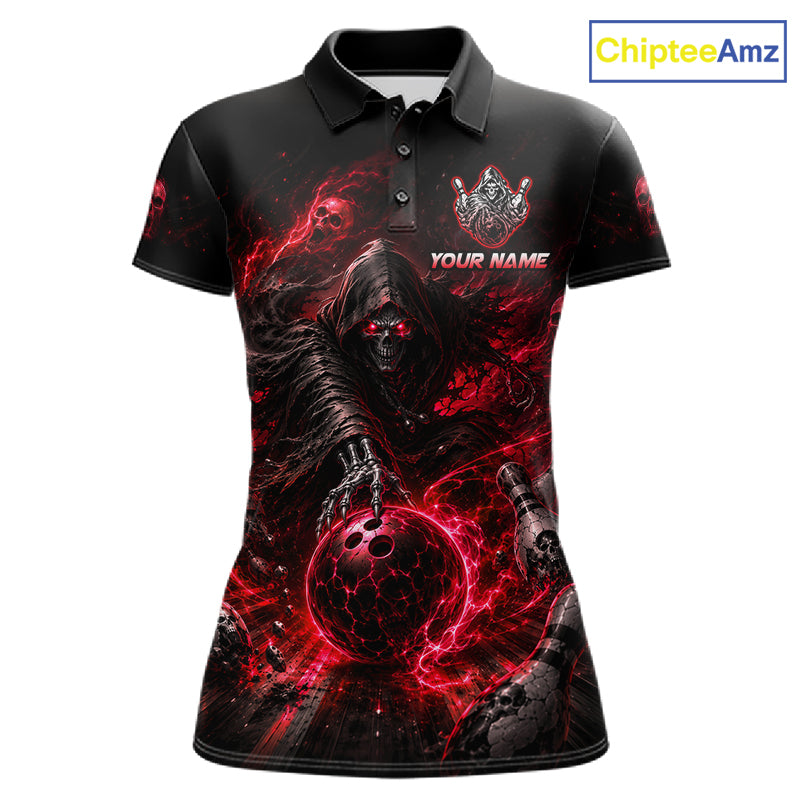 Custom Red Fire Grim Reaper Bowling Jersey for Women | Team Polo & 1/4 Zip