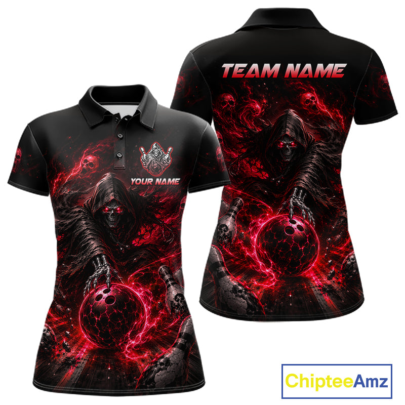 Custom Red Fire Grim Reaper Bowling Jersey for Women | Team Polo & 1/4 Zip