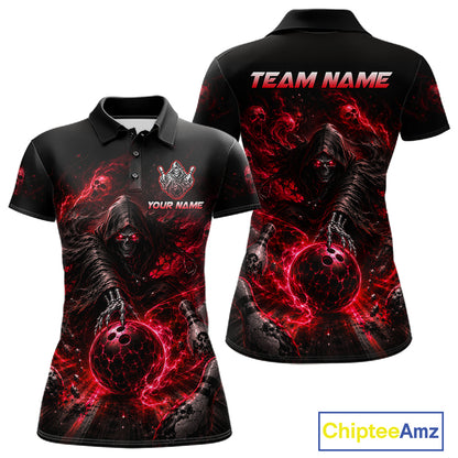 Custom Red Fire Grim Reaper Bowling Jersey for Women | Team Polo & 1/4 Zip