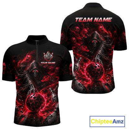 Black and red bowling shirt with a skeleton holding a bowling ball design, customizable text on a white background.
