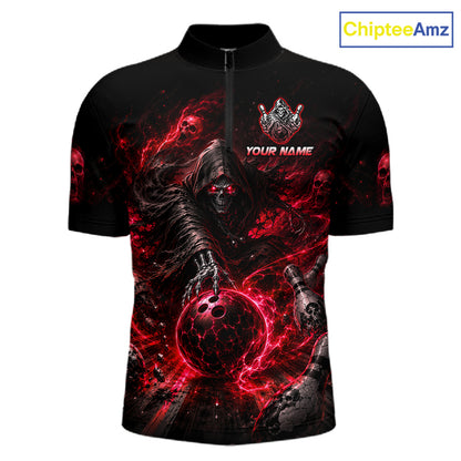 Black shirt with red and black design featuring a ghostly figure and bowling ball, with 'Chiptee Amz' branding.