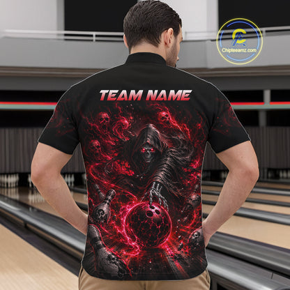 Person wearing a black t-shirt with a red and black design and 'TEAM NAME' text at a bowling alley.