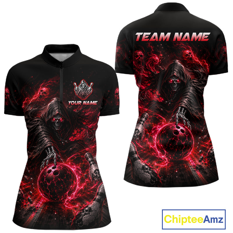 Custom Red Fire Grim Reaper Bowling Jersey for Women | Team Polo & 1/4 Zip