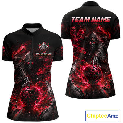 Custom Red Fire Grim Reaper Bowling Jersey for Women | Team Polo & 1/4 Zip