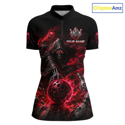 Custom Red Fire Grim Reaper Bowling Jersey for Women | Team Polo & 1/4 Zip