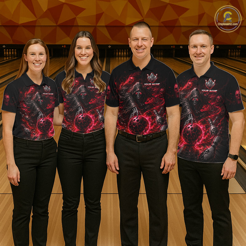 Custom Red Fire Grim Reaper Bowling Jersey For Men Bowling Team Shirts Bowling League Polo & 1/4 Zip NHT1147
