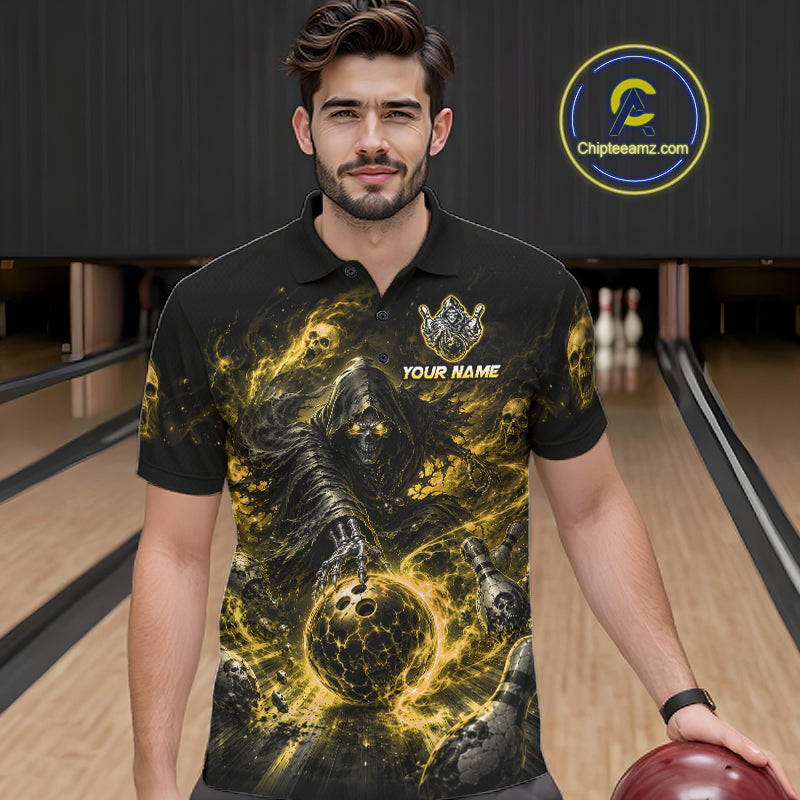Man wearing a black and yellow graphic polo shirt in a bowling alley.