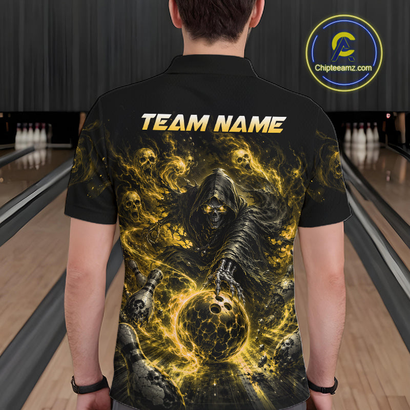 Person wearing a black and yellow 'Team Name' shirt with a graphic design in a bowling alley.