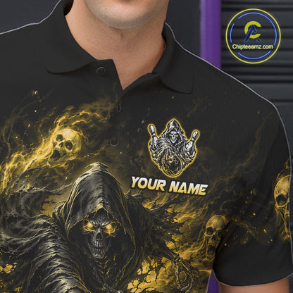 Black polo shirt with grim reaper design and 'Your Name' text, brand logo visible.