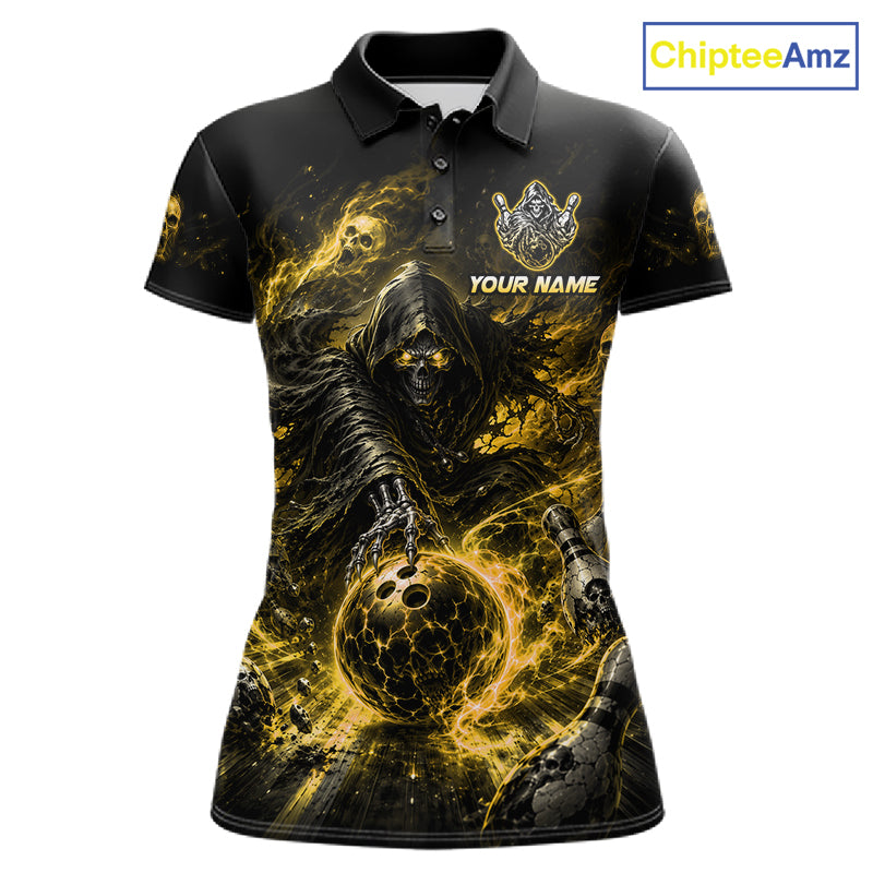 Custom Yellow Fire Grim Reaper Bowling Jersey for Women | Team Polo & 1/4 Zip