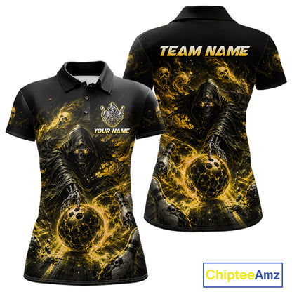 Custom Yellow Fire Grim Reaper Bowling Jersey for Women | Team Polo & 1/4 Zip