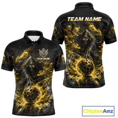 Black and gold polo shirt with grim reaper design and 'Team Name' text on a white background.