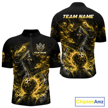Black and gold shirt with grim reaper design and customizable text on a white background