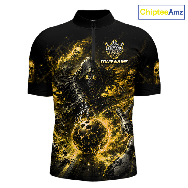 Black and gold polo shirt with grim reaper design and 'Team Name' text on a white background.