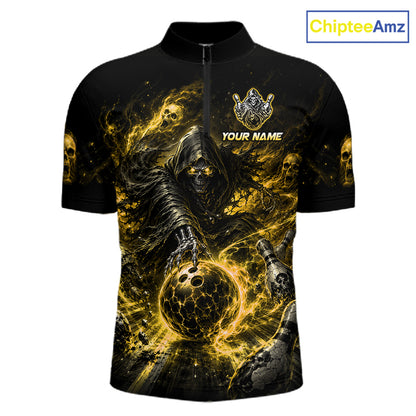Black and gold polo shirt with grim reaper design and 'Team Name' text on a white background.