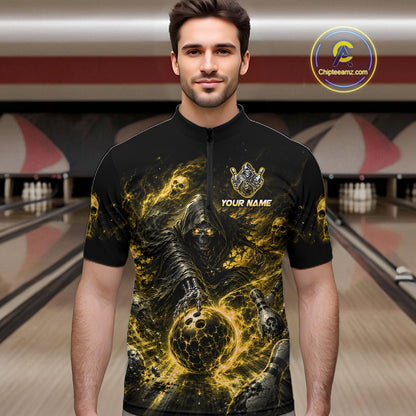 Man wearing a black and yellow bowling shirt with a design and text in a bowling alley.