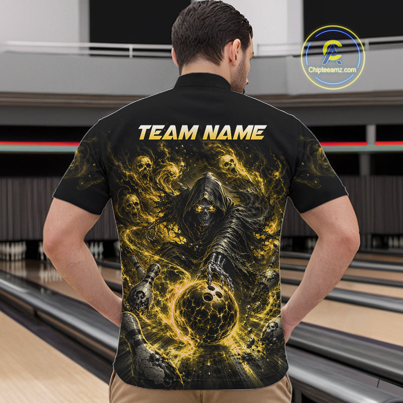 Person wearing a black t-shirt with a graphic design and 'TEAM NAME' text at a bowling alley.
