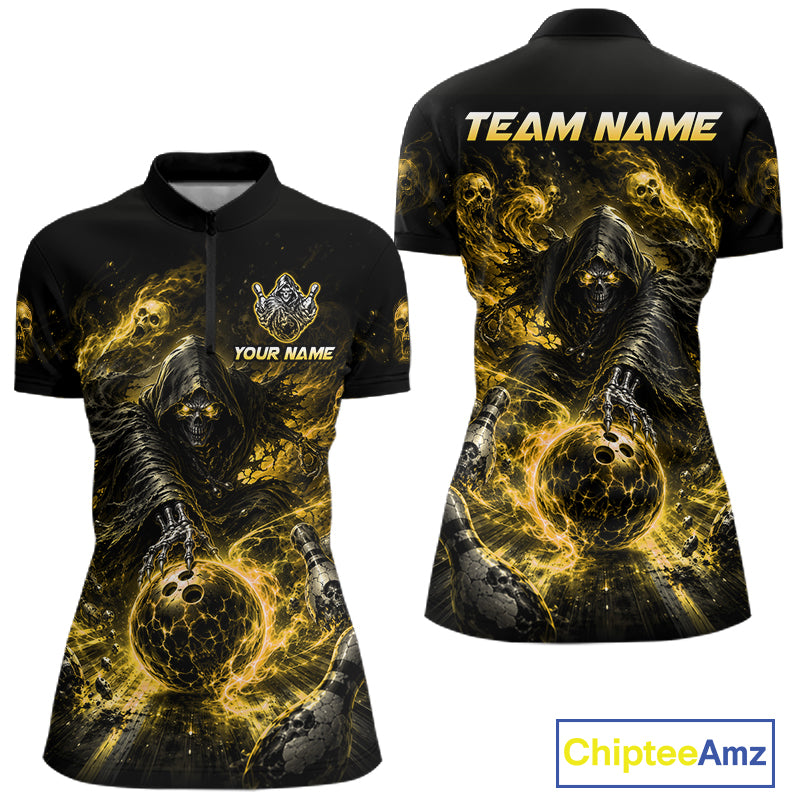 Custom Yellow Fire Grim Reaper Bowling Jersey for Women | Team Polo & 1/4 Zip