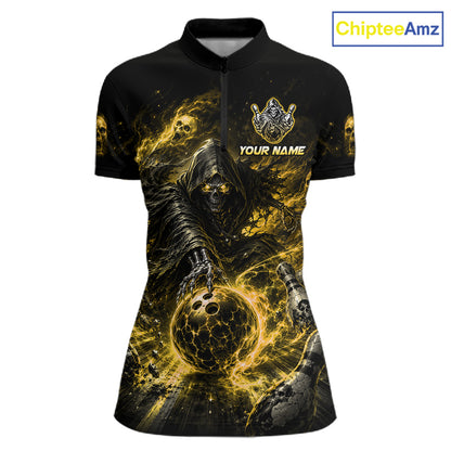 Custom Yellow Fire Grim Reaper Bowling Jersey for Women | Team Polo & 1/4 Zip