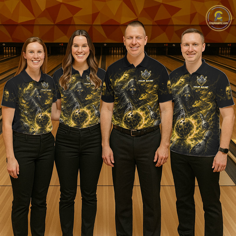 Custom Yellow Fire Grim Reaper Bowling Jersey For Womens Bowling Team Shirts Polo & 1/4 Zip NHT1148