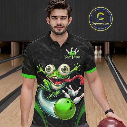 A man wearing a black bowling-themed polo shirt with a large green frog and bowling ball graphic on the front, standing in a bowling alley holding a bowling ball. A circular 'Chipteeamz