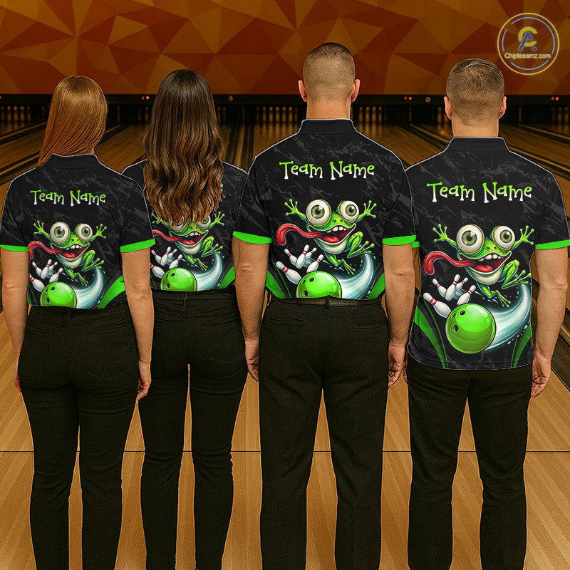 Funny Frog Bowling Polo Shirt 1/4 Zip Personalized Custom Name Green Bowling Ball Jersey For Men NHT1297