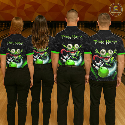 Funny Frog Bowling Polo Shirt 1/4 Zip Personalized Custom Name Green Bowling Ball Jersey For Men NHT1297